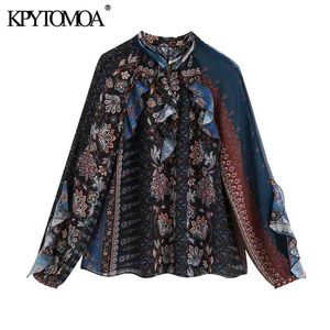 Women Fashion Patchwork Print Loose Blouses High Collar Long Sleeve With Ruffles Female Shirts Chic Tops 210420