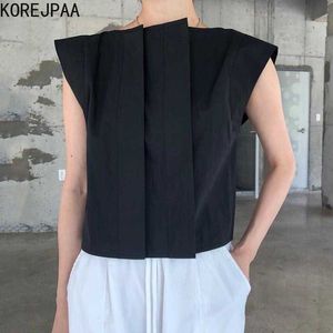 Korejpaaの女性のシャツの夏の韓国のシックな女性シンプルなクールなスタイルの3次元プリーツのデザイン飛行スリーブブラウス210526