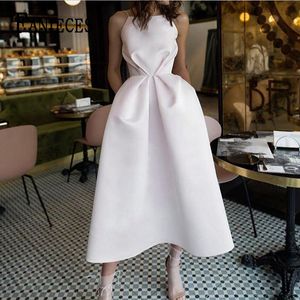 Yaz Zarif Beyaz Akşam Parti Elbise Kadın Kolsuz Halter Seksi Ince Bel Midi Elbiseler Vestidos Femme Robe 210520