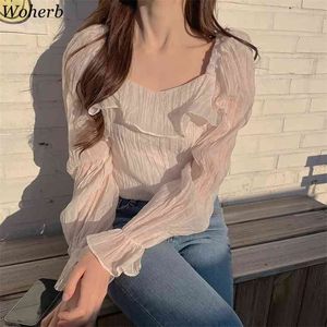 Frühling Koreanische Chic Tops Bluse Flare Hülse Nette Süße Dame Shirts Mode Plissee Quadrat Kragen Rüschen Blusen Femme 210519