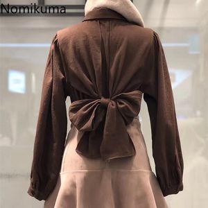 Nomikuma الكورية عودة القوس التعادل بلوزة قميص السببية طويلة الأكمام بدوره طوق blusas فام ربيع جديد المرأة قمم 6g134 210427