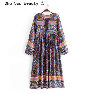 beauty Bohemian Chic Floral Print Maxi Dress Women Holiday Style Long Sleeve Fashion Female Bow Tie Dresses 210514