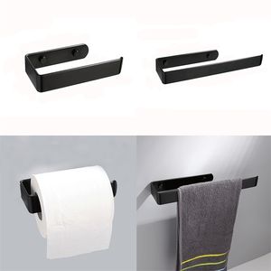 Black Toilet Roll Paper Holder Tissue Hand Towel Hanging Rack for Kitchen Bathroom Organizer Shelves Screw Mounted/Self-Adhesive 210720