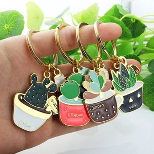 Lovely Cactus Keychains Women Potted Succulent Plants Shaped Keychain Ring Gold Car Key Chains Good Gift for Friend