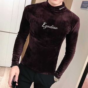 Embroidery Velvet T Shirt Men Long Sleeve Turtleneck T Shirts Tees Casual Slim Tops Streetwear Social Streetwear Tshirt M-3XL 210527