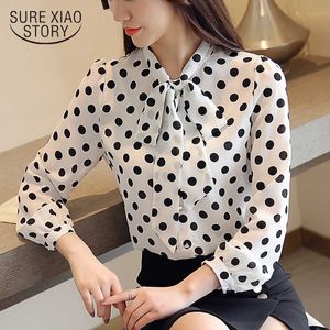 Spring Fashion Bow Collar Långärmade T-shirts Chiffon Polka Dot Women Blouse Blusas Mujer de MODA Kvinnliga kläder 8011 50 210528