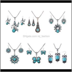 Jewelryjewelry Sets Halskette Ohrringe Mode Frauen Vintage Ethnische Imitation Türkis Strass 2-teiliges Set Party Schmuck Großhandel Drop