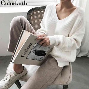 Colorfaith Winter Spring Women's Knitwear sexy V-Neck Minimalist Tops Korean Irregular Hem Knitted Casual Sweaters SW8112 210917