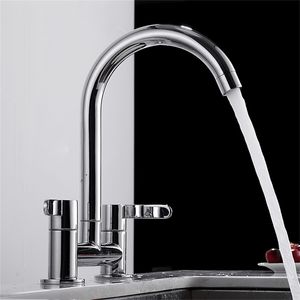 Modern Double Lever Sink Faucet Two Hole Mixing Brass Bathroom Filter Kitchen Seat Elbow 211108