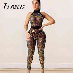 Sexy nightclub wear Women Summer autumn long Romper Jumpsuit mesh Sleeveless Sequins Overalls Top Fashion Lady Bodycon Playsuit 210520