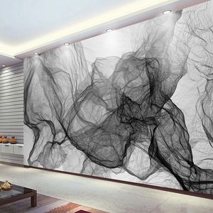 Anpassad modern enkel svartvit randvågig tv -bakgrund självhäftande tapet matsal galleri abstrakt konst 3d väggmålning