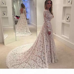 Rękawy 2021 Długie sukienki ślubne suknia ślubna koronkowa aplikacja Wstążka Zamiatek Train Niestandardowy BATEAA ZABATEK DECINE