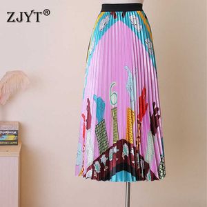 Spring Fashion Designers Elasitc Waist Cartoon Print Casual Cute Midi Pleated Skirts Womens Clothing Elegant Lady 210601