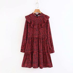 Women Vintage Red Leopard Print A-line Dress Stand Collar Female Fashion High Waist Dresses Party Ruffles