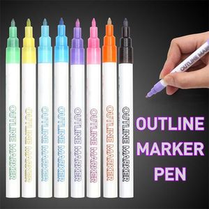 Double Line Pen, 8 färger Glitter Marker Pen Fluorescerande skisspennor för presentkort Skrivning, Ritning, DIY Art Crafts 211104