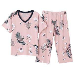 Large Size M-4XL Women Pajamas Sets Soft Nightwear Summer Short Sleeve Pyjamas Animal Birld Print Sleepwear Female Pijamas Mujer 210809