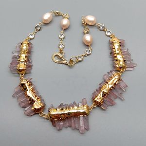 YYGEM Natural lepidocrocite Quartz rough Druzy Cultured Pink Rice freshwater Pearl Chain choker Necklace