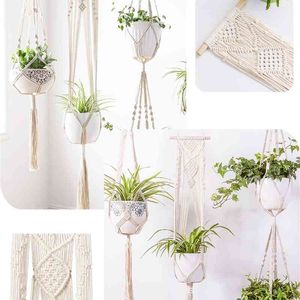 2 sztuk Wiszące Macrame Sadzarka Kosze Handmade Uchwyt Sadzarka Bawełna Wiszące Doniczki Wieszak Netto Wieszak na dekoracji ściennych 210615