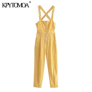 Women Chic Fashion With Buttons Side Pockets Check Jumpsuits Vintage Backless Wide Straps Female Playsuits Mujer 210416