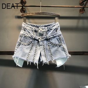 {DEAT} Kvinnor Wide Leg Blue Fake Två Beaded Denim Shorts High Waist Loose Fit Trousers Fashion Tide Spring Summer Ay035 210421