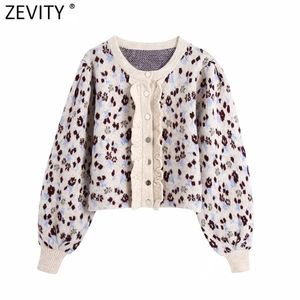 Kvinnor Mode O Neck Lantern Sleeve Leopard Print Casual Short Sticking Sweater Femme Chic Ruffles Cardigan Tops S523 210420