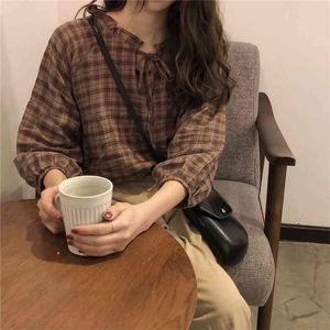 spring brown plaid check Cotton Women Blouse Shirt Turn-down Collar Long Sleeve Casual Loose Tops Female 210423