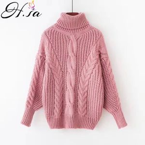 H.Sa Zima Turtleneck Dla Kobiet Batwing Z Długim Rękawem Różowe swetry Twisted Pull Femme Grube Bluzy Ciepły Sweter 210417