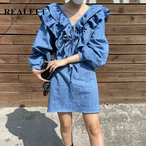 Denim Mulheres Sexy Mini Vestido Ruffles V-decote Longa Cowboy Casual Jeans Soltos Feminino Vestidos A-Line 210428