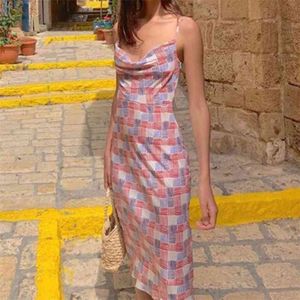 Vintage Plaid Printed Summer Y2k Dresses With Thin Strap Casual Women Bodycon Sundress Party Long Dress Beachwear Holiday 210510