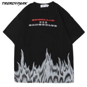 T-shirt da uomo Flame Painting Stampata manica corta Hip Hop Cotone oversize Casual Harajuku Streetwear Graphic Top Tee T-shirt 210601