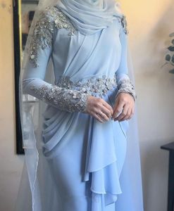 Muslim Light Sky Blue Formal Evening Dresses Mermaid Long Sleeve 2021 Appliques Lace Beaded Peplum Ruched Islamic Chiffon Prom Party Gowns Celebrity Dress