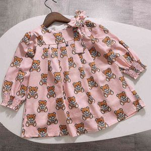 Yeni Yaz Moda Karikatür Mektubu Stil Çocuk Kız Giysileri Uzun Kollu Ayı Baskı Elbise Bebek Kız Prenses Elbise 2-8 Yıl G1218
