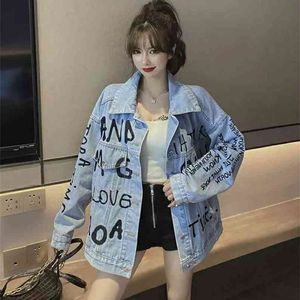 Fashion Spring Letter Sticked Casual Denim Jacket Damen Long Sleeve High Street Jean Coat Femme 210519