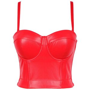 Top Mulheres 2021 sem mangas curtas sexy black camis tops com construído em sutiã push up bralette pu couro boat clube desempenho x0726