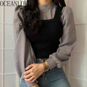 2 Pcs Autumn Women Blouses Plaid Korean Vintage Long Sleeve Blusas Mujer Winter Clothes Shirts Fashion Tops 17659 210415