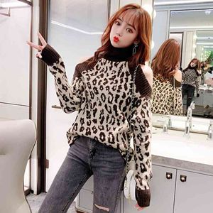 Kvinnor Tröjor Blus Vår Höst Stickad tröja Leopard Print Långärmad Turtleneck Bruna färger Pullovers Blusas 1629H 210420