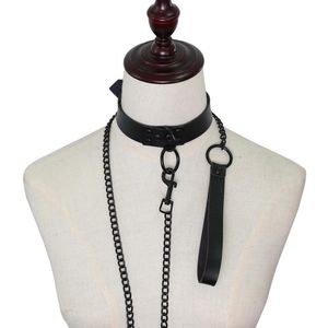 Chokers Black Sexy Rivet Alternative Metal Slave PU Leather Collar Traction Rope Chain Bondage Sex Toys For Choker Necklace