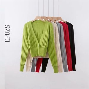 Moda Botão Verde Verde Cardigan Mulheres Manga Longa Sweater Autumn Winter Curto Jumper Top Coreano Pull Femme 210521