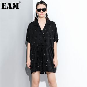 [EAM] Kobiety Czarna Dot Drukowana Sznurek Duży Rozmiar Dress V-Neck Pół Rękaw Loose Fit Fashion Spring Lato 1x828 21512