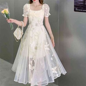 Kvinnor Söt Broderi Lace Patchwork Chiffon Fairy Dress Elegant Square Collar Puff Sleeve Slim Waist Butterfly Princess 210519