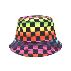 Unisex Punk Harajuku Hip Hop Bucket Hat Tie-Dye Rainbow Checkered Plaid Print Wide Brim Sunscreen Panama Fisherman Cap Hats