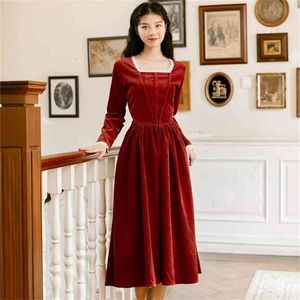 Czerwone wino Fit and Flare Kobieta Vestidos Vintage Mid-Calf Full Seve Velvet Women Dress Elegant A-Line Spring 210603