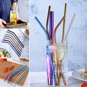 2021 215x6mm Färgrik 304 Rostfritt Stål Rullar Återanvändbar Straight Bent Metal Drinking Straw Cleaner Brush Set Party Bar Tillbehör