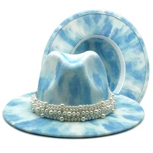 Färgglada Tie-Dyed Woolen Top Hat Spring Color Fedora Hattar Ladies Big Brim Party Jazz Filt Cap med handgjord pärla band