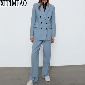 ZA Kadınlar Moda Ofis Kıyafetleri Kruvaze Blazers Ceket Vintage Uzun Kollu Giyim Ve Yüksek Bel Rahat Pantolon 2-piece Set 211122