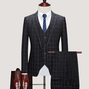 Blazers Jacket Byxor Vest 3 st set / 2021 Mode Ny Mäns Casual Boutique Bröllop Brudgum Plaid Suit Coat Waistcoat Trousers x0909