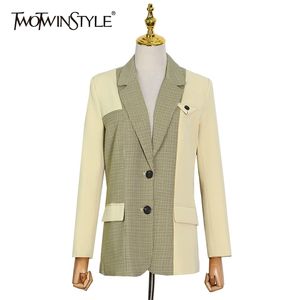 Casual Hit Color Blazer Kobieta Notched Z Długim Rękawem Plaid Koreański Blazers Moda Odzieżowa Wiosna 210524