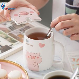 Upspirit 500mL Ceramics Cute Pig Mug with Lid Spoon Coffee Milk Tea Cup Water Drinking Glasses Tumbler Creative Gift Drinkware 210804