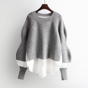 [EQW] Spring Clothes Woman Långärmad O Neck Enkel Trend Damer Pullover Stickad Stitching Casual Kvinnor Sweater 210510