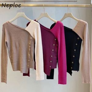 Neploe Chic Irregular Skew Collar Panelled Patchwork Sweaters Autumn Slim Fit All-match Pullovers Single Breasted Side Tops 210423